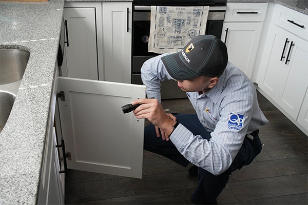 Guardian Pest Control technician inspecting under the sink inside a customer’s Utah home.